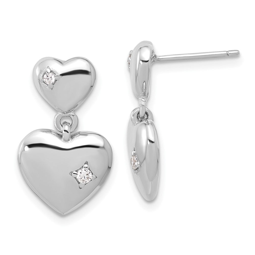 Rhodium-plated Sterling Silver Polished CZ Heart Dangle Post Earrings