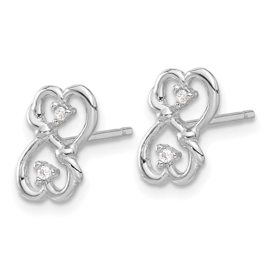 Rhodium-plated Sterling Silver Polished Double Heart with CZ Post Earrings