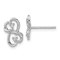 Rhodium-plated Sterling Silver Polished Double Heart with CZ Post Earrings