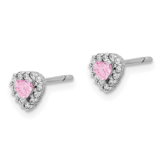 Rhodium-plated Sterling Silver Clear and Pink CZ Heart Post Earrings