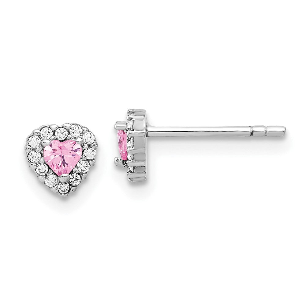 Rhodium-plated Sterling Silver Clear and Pink CZ Heart Post Earrings