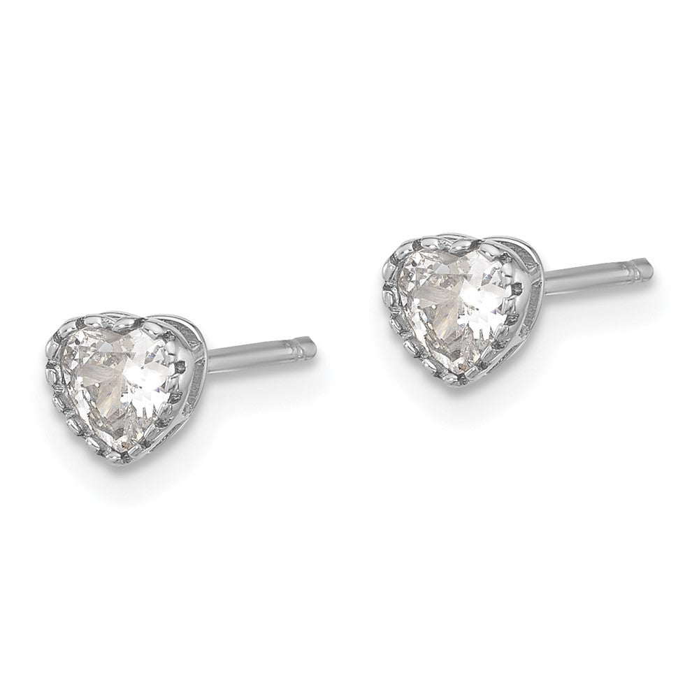 Rhodium-plated Sterling Silver CZ Heart Post Earrings