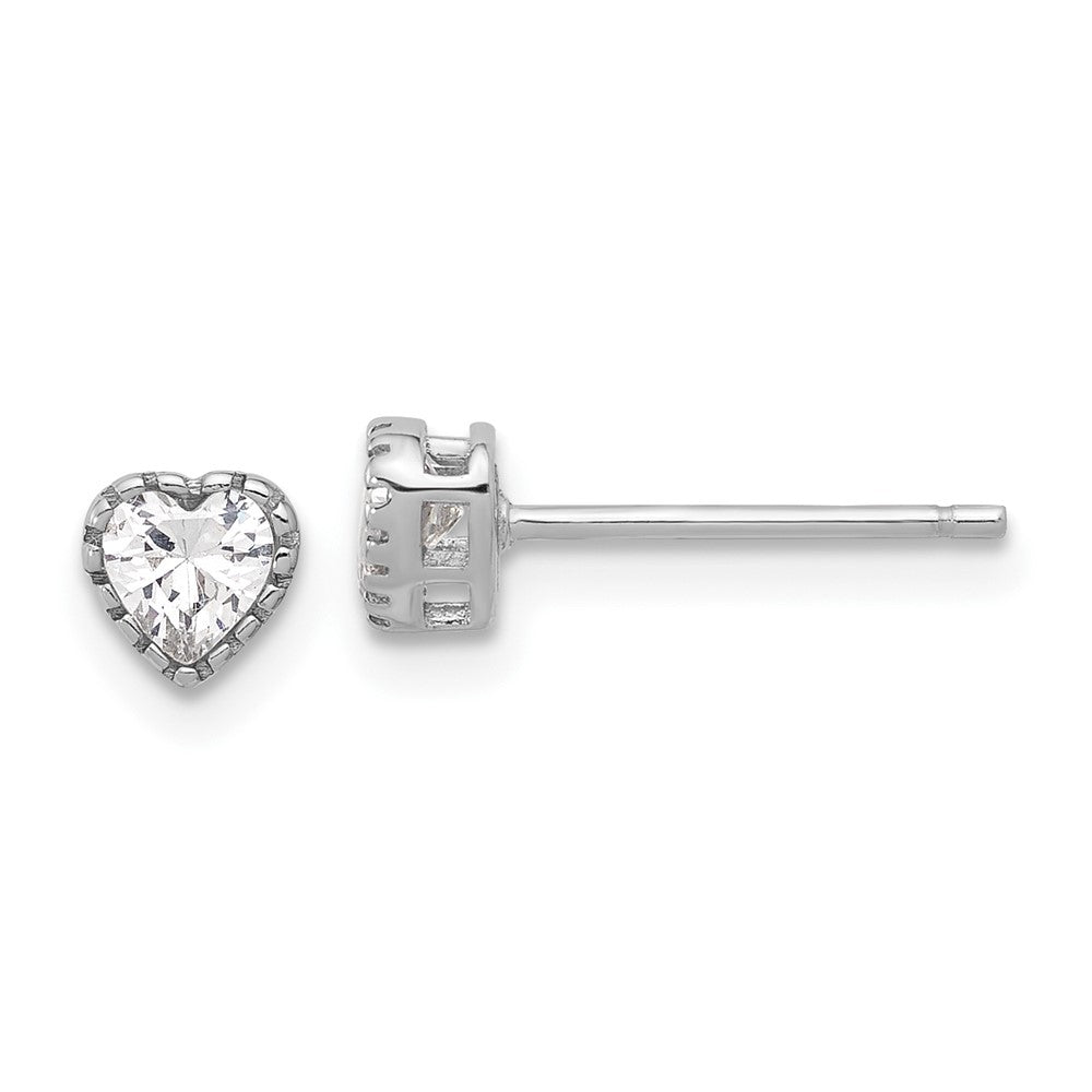 Rhodium-plated Sterling Silver CZ Heart Post Earrings