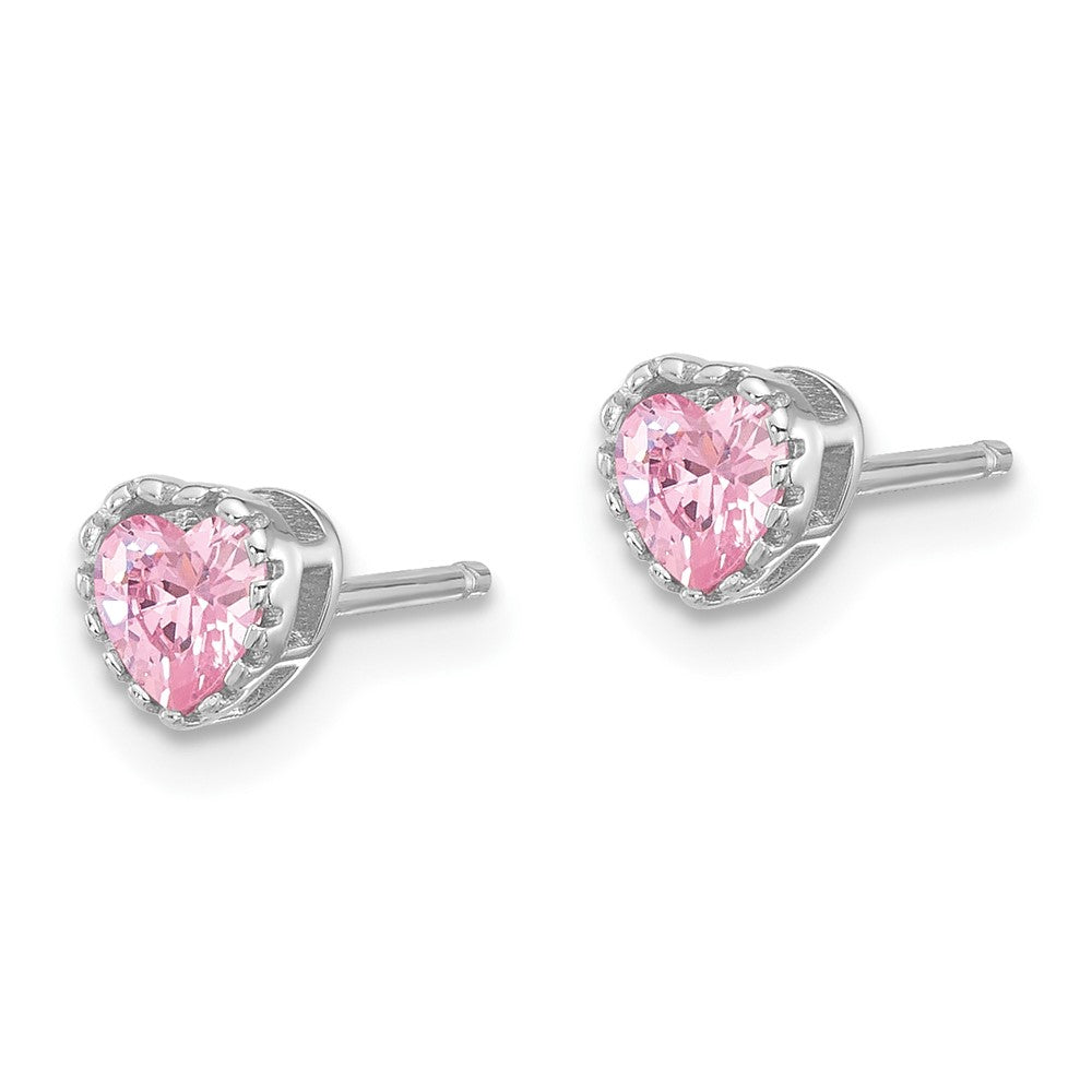 Rhodium-plated Sterling Silver Pink CZ Heart Post Earrings