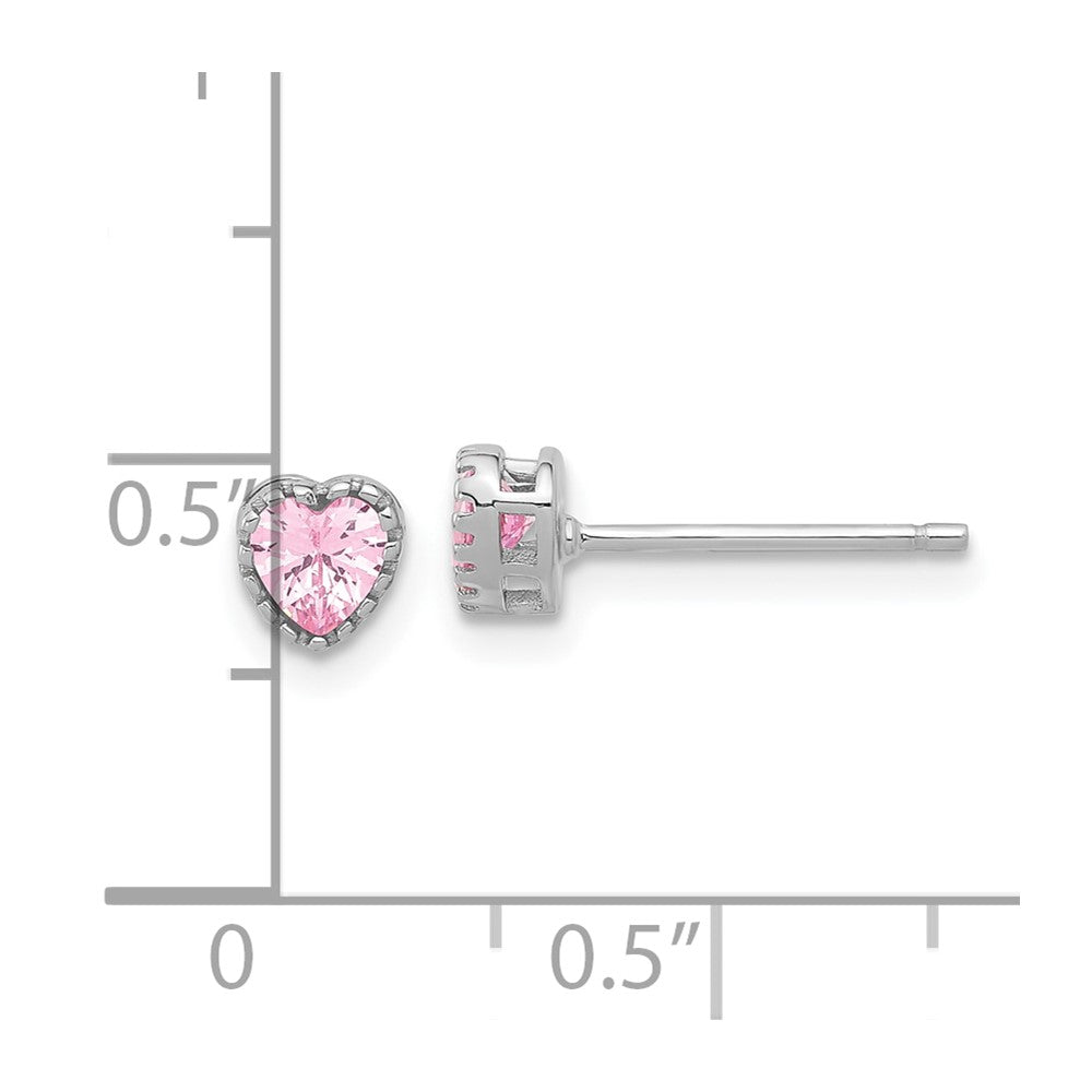 Rhodium-plated Sterling Silver Pink CZ Heart Post Earrings