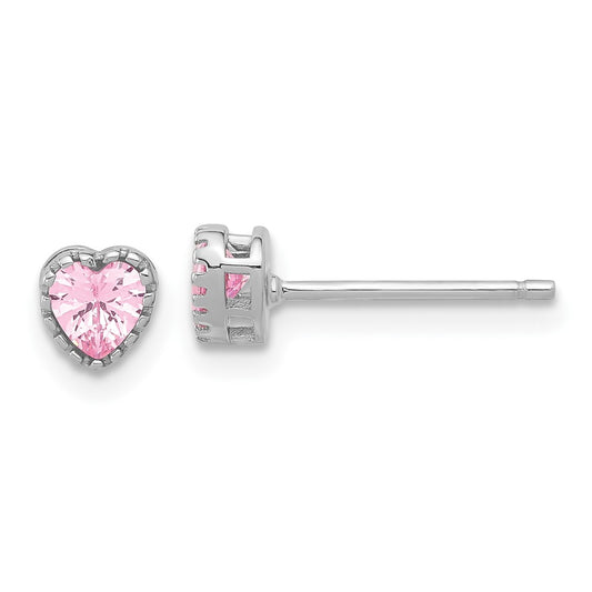 Rhodium-plated Sterling Silver Pink CZ Heart Post Earrings