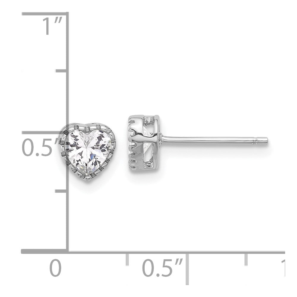 Rhodium-plated Sterling Silver CZ Heart Post Earrings