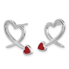 Rhodium-plated Sterling Silver Polished Red Resin Open Heart Post Earrings