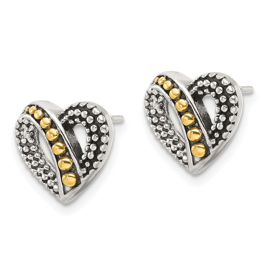Yellow Gold-plated Sterling Silver Antiqued & Beaded Heart Earrings