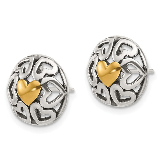 Yellow Gold-plated Sterling Silver Polished & Antiqued Heart Circle Post Earrings