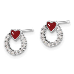 Rhodium-plated Sterling Silver Enamel CZ Heart Post Earrings