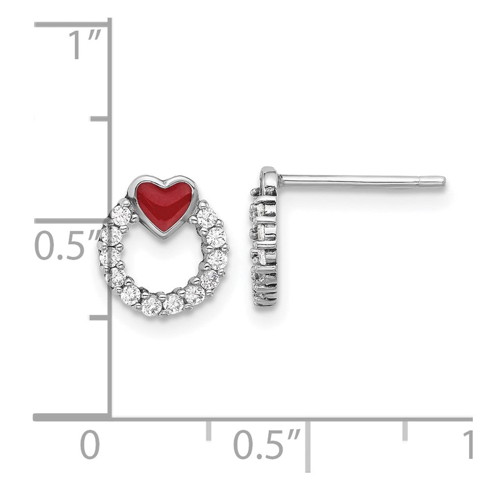 Rhodium-plated Sterling Silver Enamel CZ Heart Post Earrings