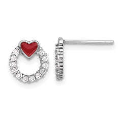 Rhodium-plated Sterling Silver Enamel CZ Heart Post Earrings