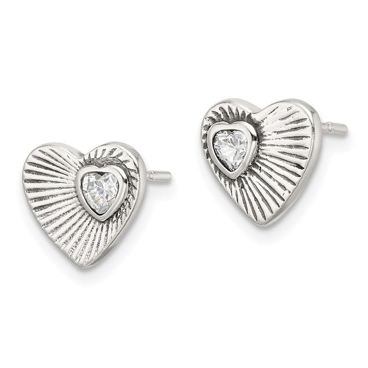 Sterling Silver Polished and Antiqued Textured CZ Heart Earrings