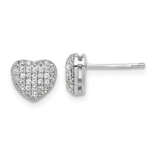 Rhodium-plated Sterling Silver Pave CZ Heart Post Earrings