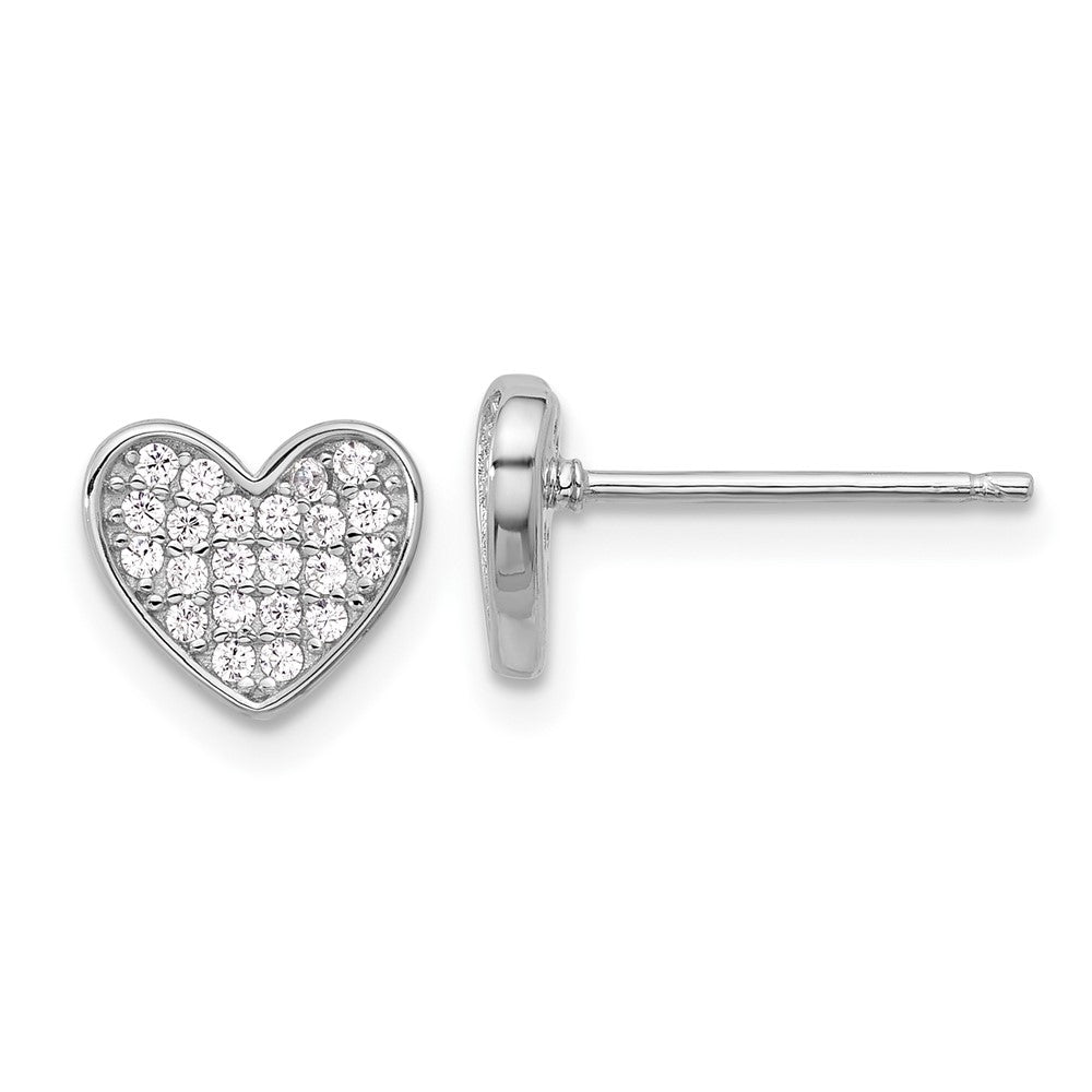 Rhodium-plated Sterling Silver Pave CZ Heart Post Earrings