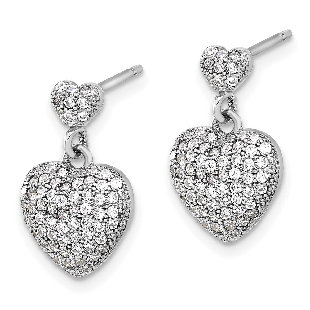 Rhodium-plated Sterling Silver Pave CZ Heart Dangle Post Earrings