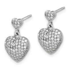 Rhodium-plated Sterling Silver Pave CZ Heart Dangle Post Earrings