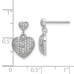 Rhodium-plated Sterling Silver Pave CZ Heart Dangle Post Earrings