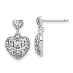 Rhodium-plated Sterling Silver Pave CZ Heart Dangle Post Earrings