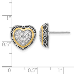 Sterling Silver with 14K accent Rhod-plated CZ Cluster Oxidized Heart Post Earrings