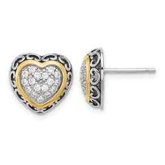 Sterling Silver with 14K accent Rhod-plated CZ Cluster Oxidized Heart Post Earrings