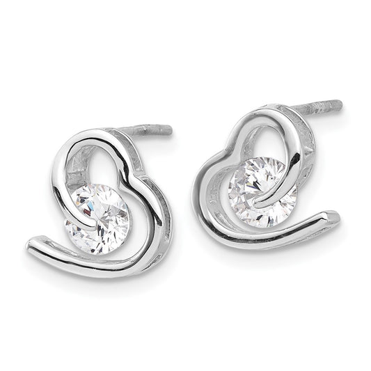 Sterling Silver Heart and CZ Post Earrings