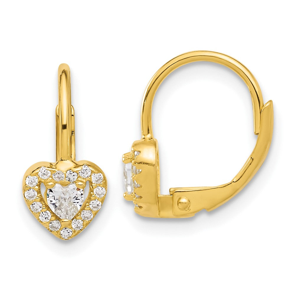 Yellow Gold-plated Sterling Silver CZ Heart Leverback Earrings