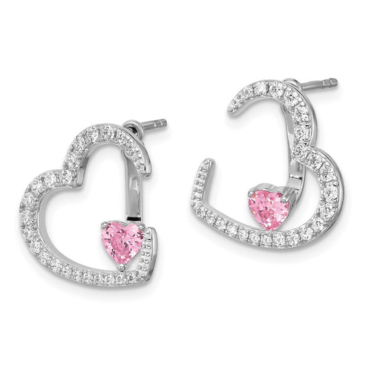 Rhodium-plated Silver White and Pink CZ Heart with Jacket Post Earrings
