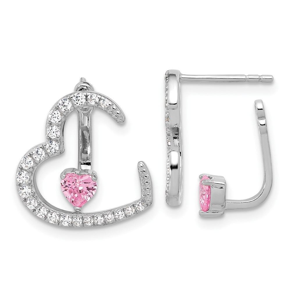 Rhodium-plated Silver White and Pink CZ Heart with Jacket Post Earrings