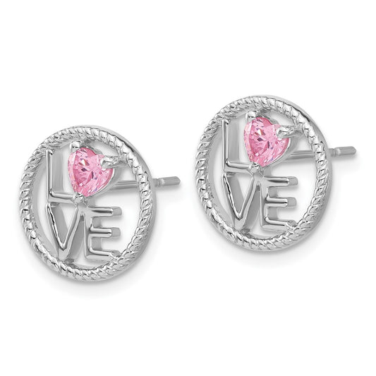 Sterling Silver LOVE Pink CZ Post Earrings