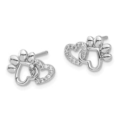 Rhodium-plated Sterling Silver CZ Hearts and Paw Print Post Earrings