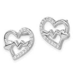 Rhodium-plated Sterling Silver Polished CZ Heartbeat Heart Post Earrings