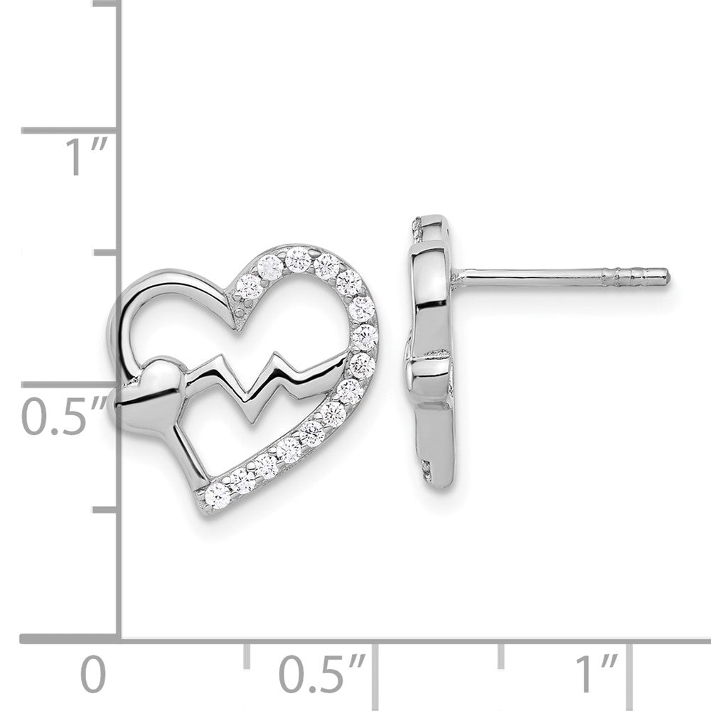 Rhodium-plated Sterling Silver Polished CZ Heartbeat Heart Post Earrings