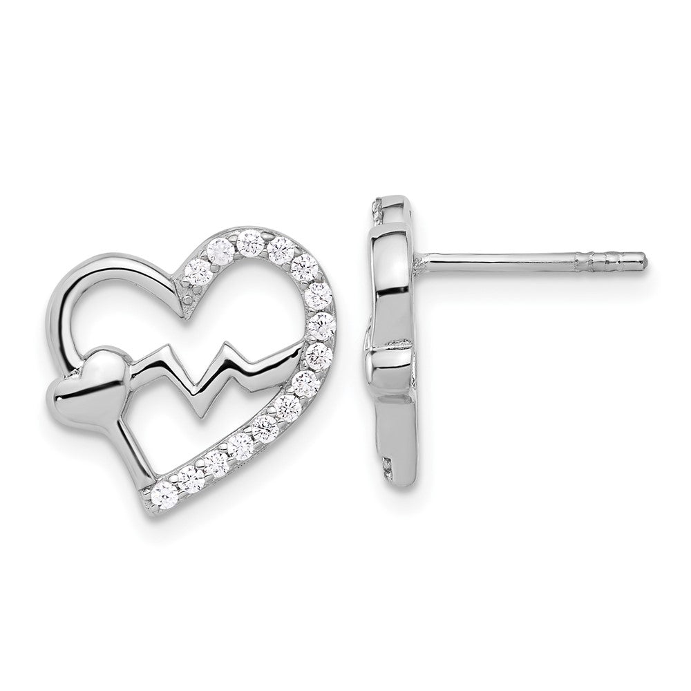 Rhodium-plated Sterling Silver Polished CZ Heartbeat Heart Post Earrings