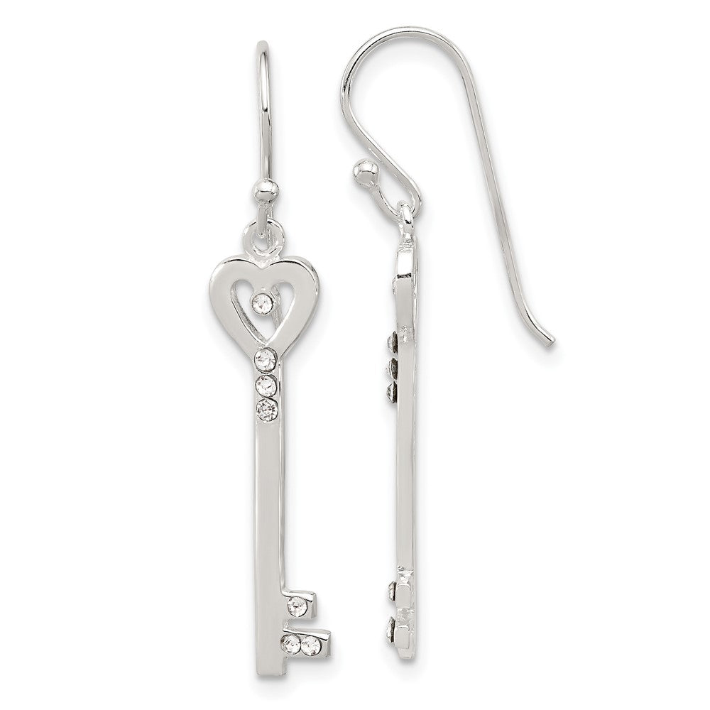 Sterling Silver Polished CZ Key Dangle Earrings