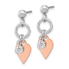 Sterling Silver & Rose Gold-plated Polished heart and CZ Post Earrings