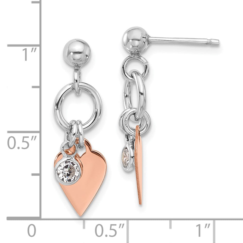 Sterling Silver & Rose Gold-plated Polished heart and CZ Post Earrings