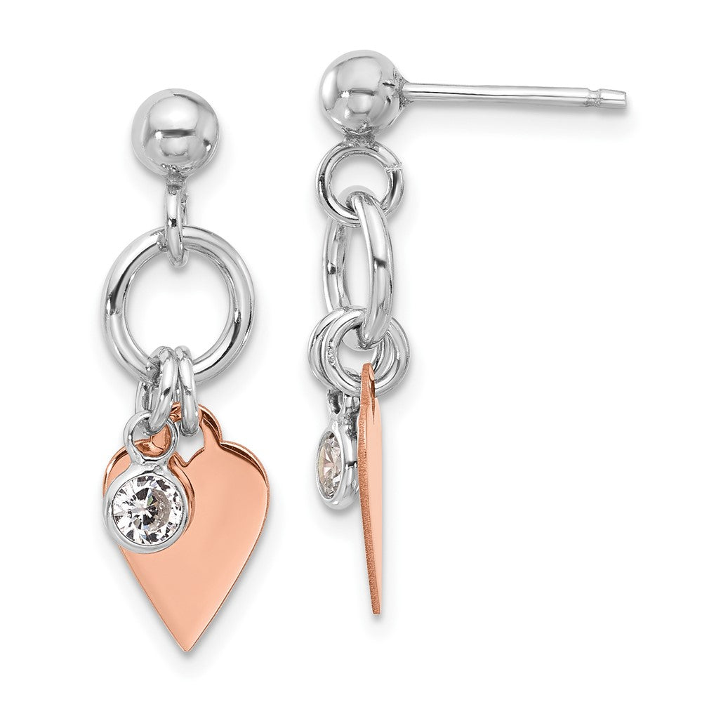 Sterling Silver & Rose Gold-plated Polished heart and CZ Post Earrings