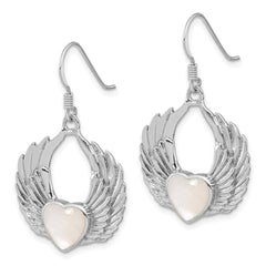 Rhodium-plated Sterling Silver Polished Mother of Pearl Winged Heart Earrings