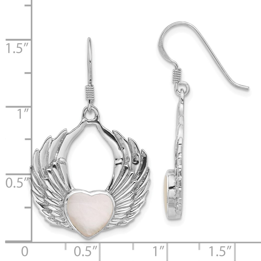 Rhodium-plated Sterling Silver Polished Mother of Pearl Winged Heart Earrings