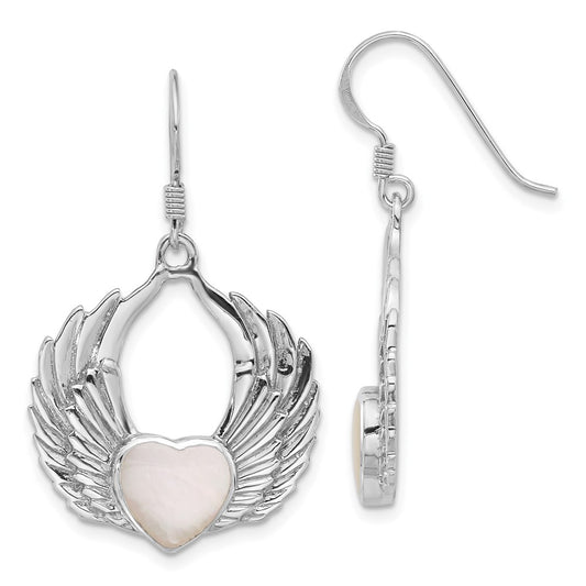 Rhodium-plated Sterling Silver Polished Mother of Pearl Winged Heart Earrings