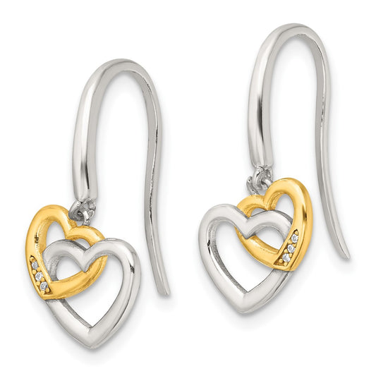 Sterling Silver E-Coated Flash Gold-plated CZ Hearts Dangle Earrings