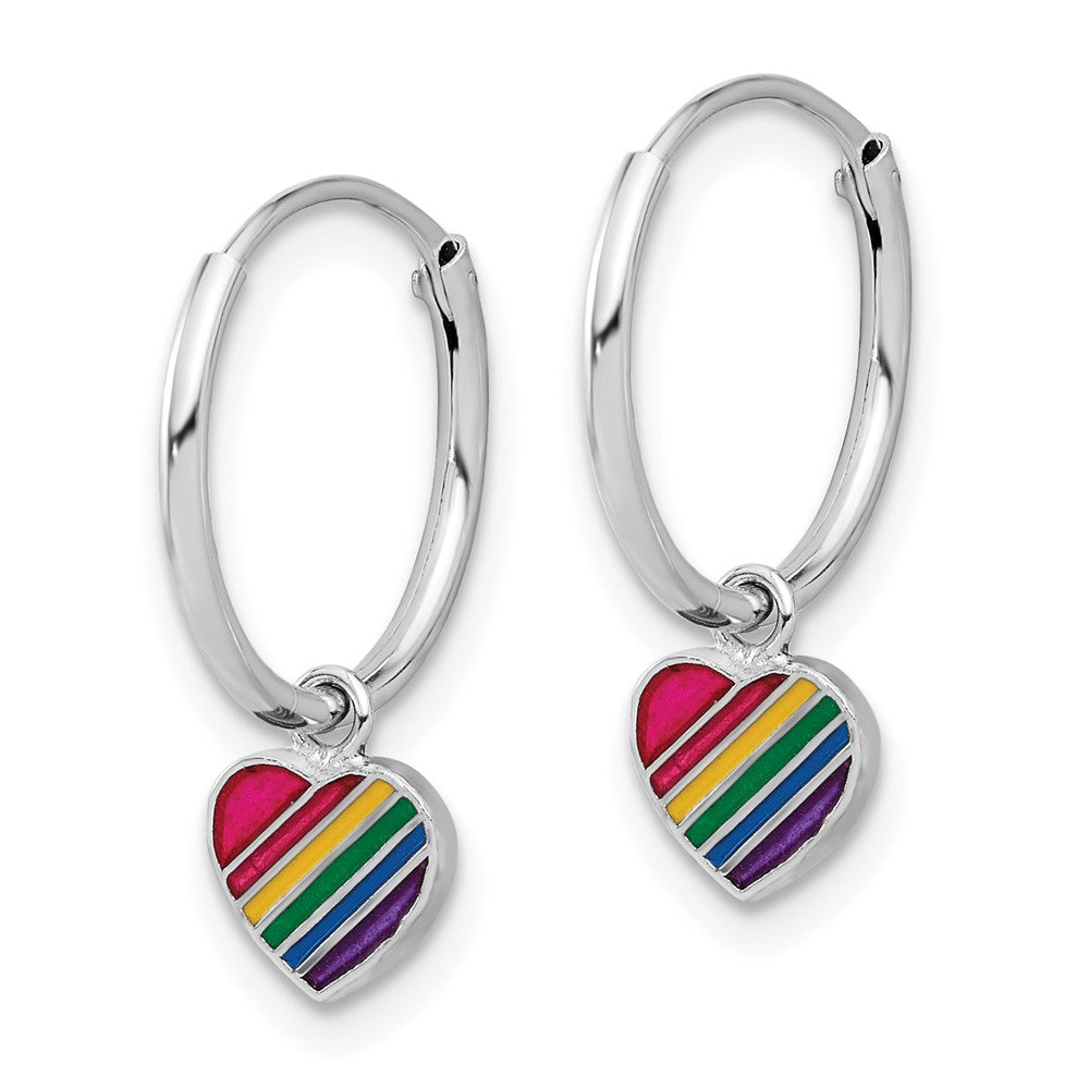 Rhodium-plated Sterling Silver Enamel Rainbow Heart Dangle Eternity Hoop Earrings