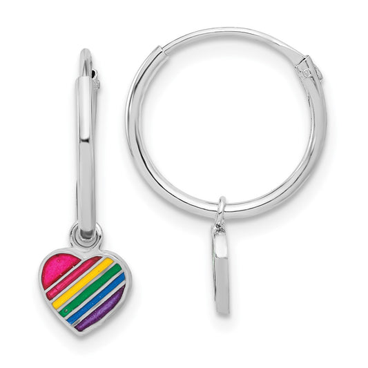 Rhodium-plated Sterling Silver Enamel Rainbow Heart Dangle Eternity Hoop Earrings