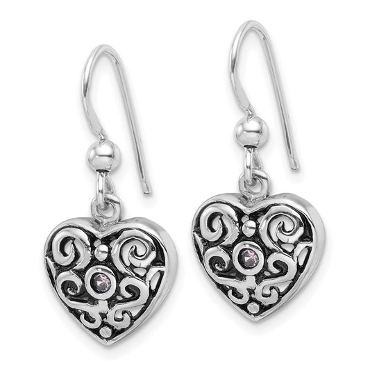 Rhodium-plated Sterling Silver Antiqued Pink CZ Filigree Heart Dangle Earrings