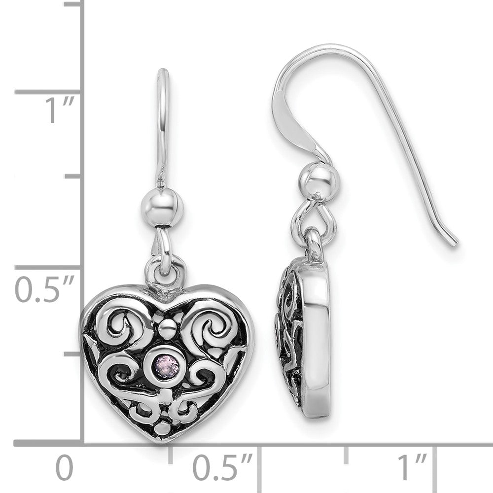 Rhodium-plated Sterling Silver Antiqued Pink CZ Filigree Heart Dangle Earrings