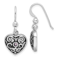 Rhodium-plated Sterling Silver Antiqued Pink CZ Filigree Heart Dangle Earrings