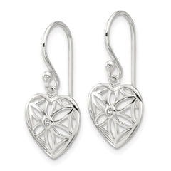 Sterling Silver E-coated with CZ Heart Shepherd Hook Dangle Earrings