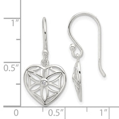Sterling Silver E-coated with CZ Heart Shepherd Hook Dangle Earrings